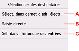 Écran de sélection des destinataires